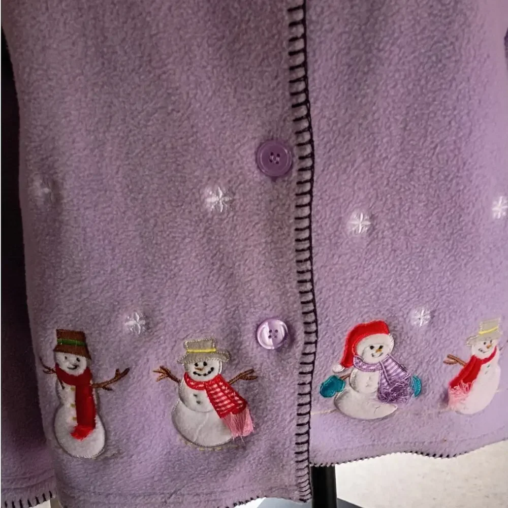 Vintage Snowman Fleece Cardigan M Lilac Purple Embroidered Christmas Cozycore